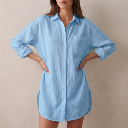 Isla Oversized Tunic Shirt | Collared V-Neck Button Front Shirt