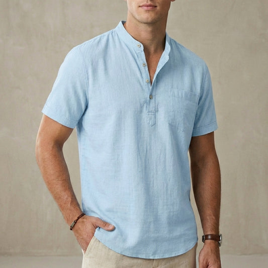 Leo Relaxed Fit Henley Shirt | Band Collar Chest Pocket Shirt