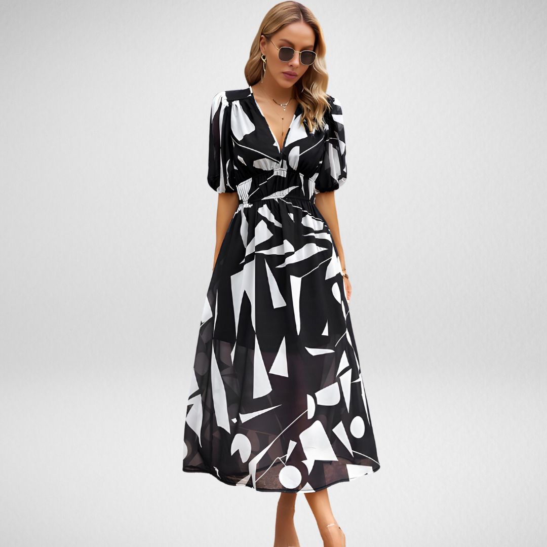 Stefanie Dress | Floral Maxi Dress with Puff Sleeve & V-Neck