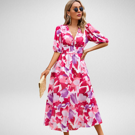 Stefanie Dress | Floral Maxi Dress with Puff Sleeve & V-Neck