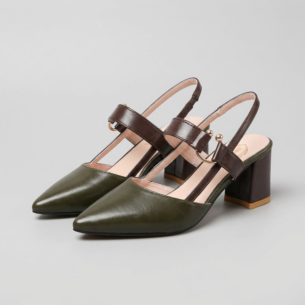 Isla Pointed Toe Slingback Block Heel Pumps | Colourblock Ring Buckle Pumps