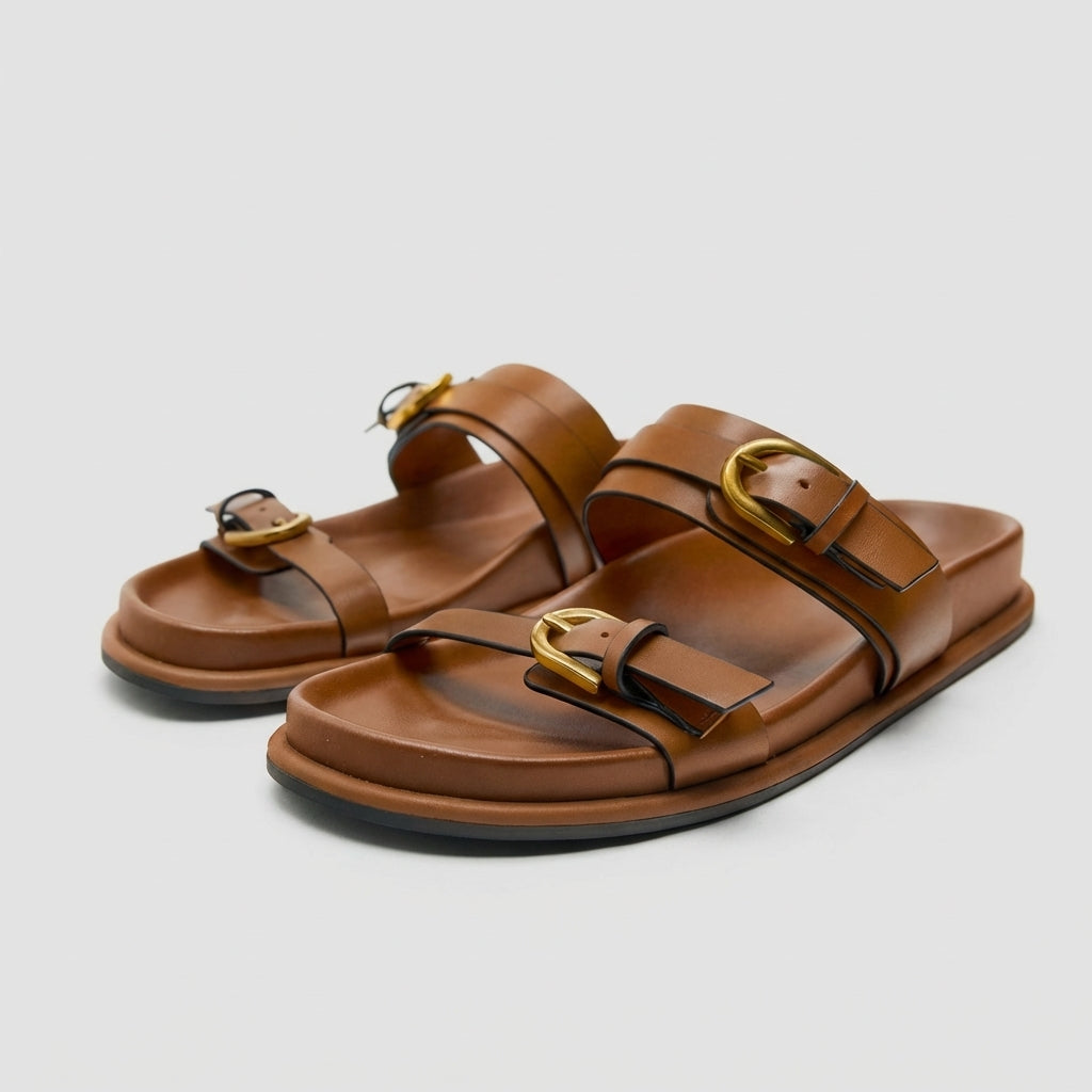 Francesca Slip-On Slides | Buckle Detail Double Strap Slides