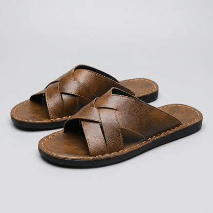 Oscar Standard Fit Slide Sandal | Criss-Cross Straps Contrast Stitching Slide Sandal