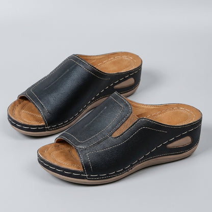 Isla Orthopedic Relaxed Fit Slide Sandals | Contrast Stitching Wedge Heel Sandals