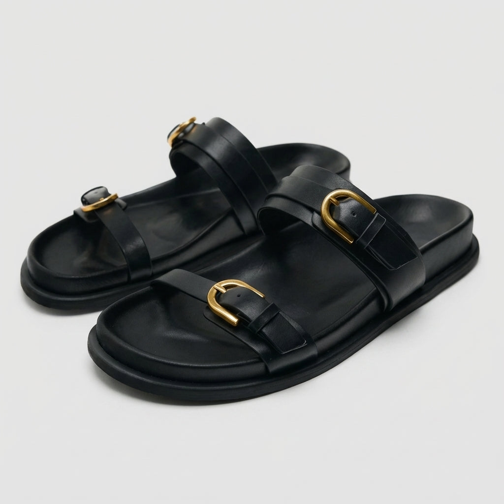 Francesca Slip-On Slides | Buckle Detail Double Strap Slides