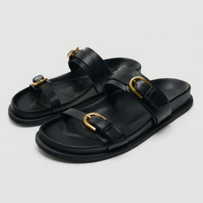 Francesca Slip-On Slides | Buckle Detail Double Strap Slides