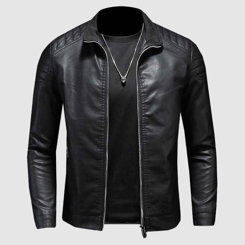 Theodore Leather Racer Jacket | Stand Collar Zip Pocket Jacket