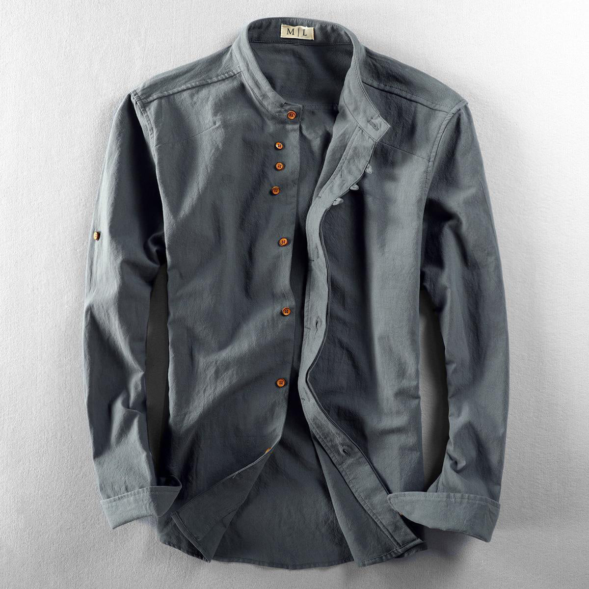 Samuel Relaxed Fit Band Collar Shirt | Button Front Roll-Tab Sleeves Shirt