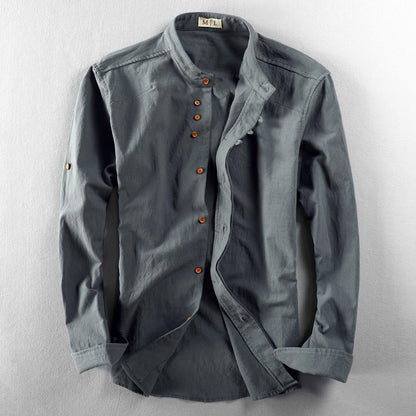 Samuel Relaxed Fit Band Collar Shirt | Button Front Roll-Tab Sleeves Shirt