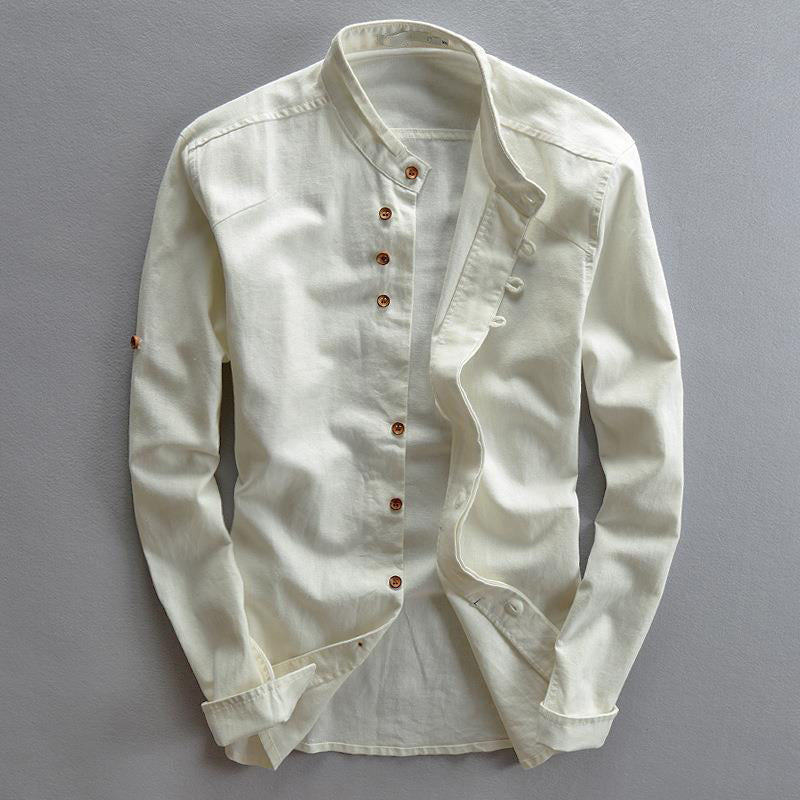Samuel Relaxed Fit Band Collar Shirt | Button Front Roll-Tab Sleeves Shirt