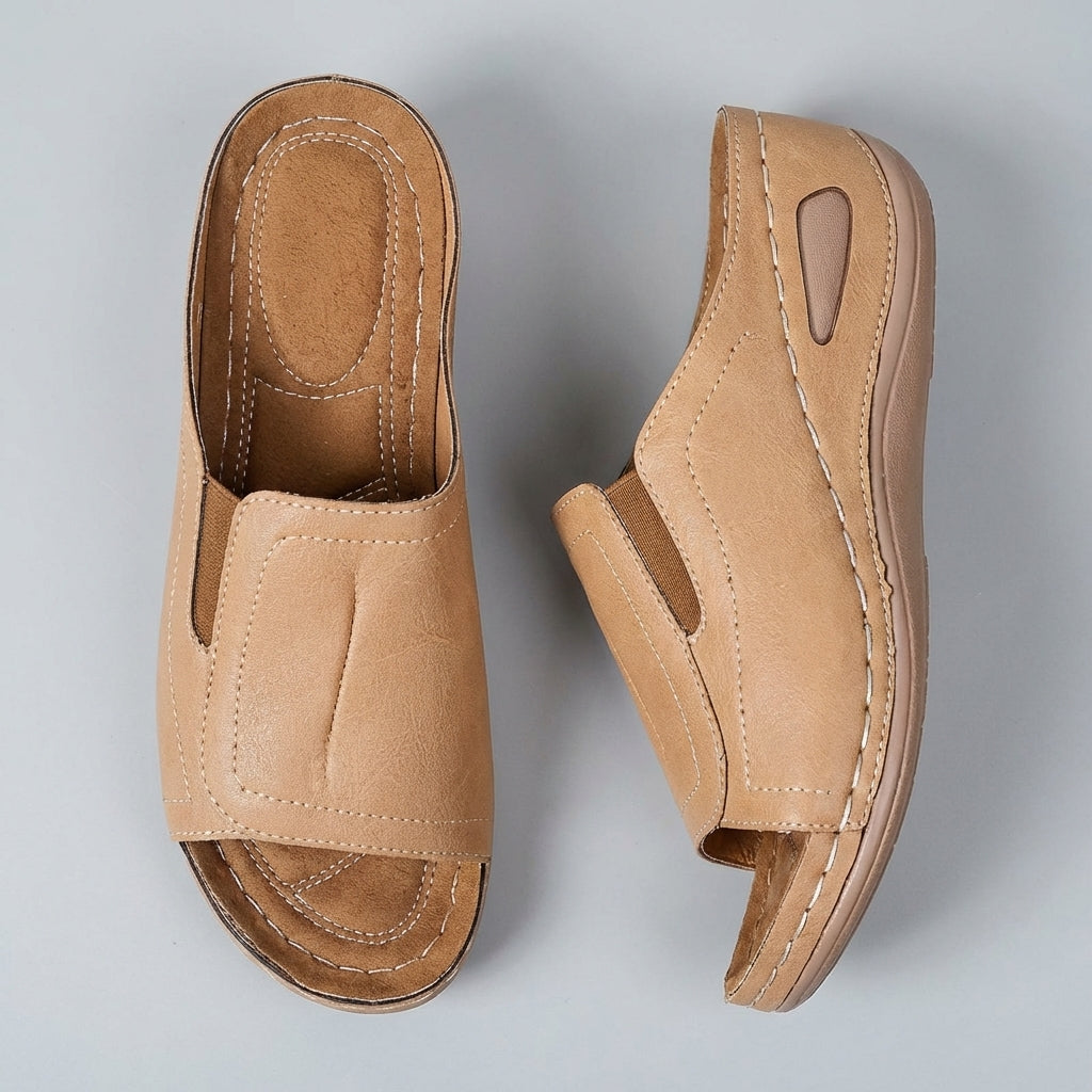 Isla Orthopedic Relaxed Fit Slide Sandals | Contrast Stitching Wedge Heel Sandals
