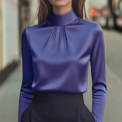 Isabella Pleated High Neck Blouse | Long Sleeve Hip-Length Blouse