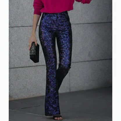 Isabella Sequined High-Waisted Flared Trousers | Solid Full-Length Trousers