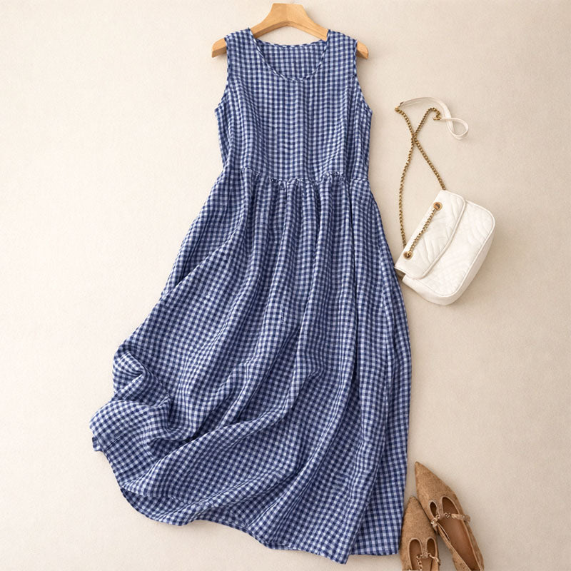Isabella Relaxed A-Line Midi Dress | Check Scoop Neck Dress