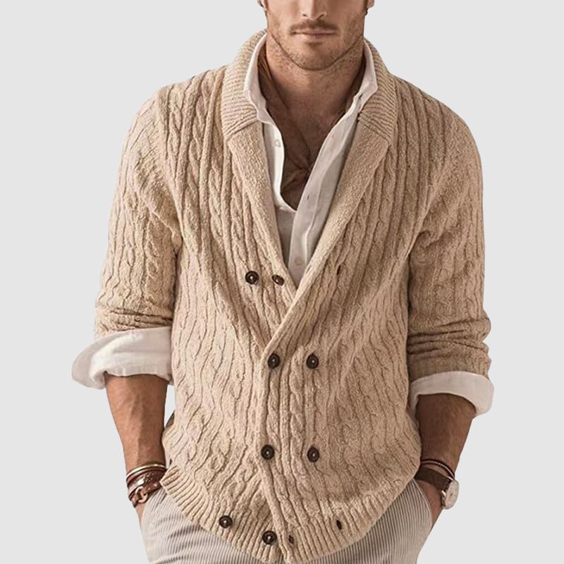 Jack Wool Double-Breasted Shawl Collar Cardigan | Relaxed Fit Cable Knit Cardigan