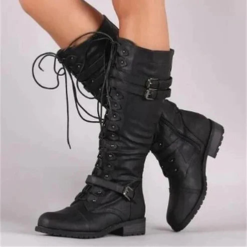 Isabella Leather Lace-Up Combat Boots | Buckled Mid-Calf Boots