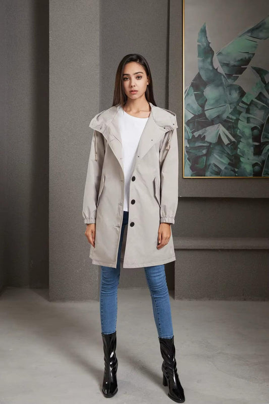 Isabella Hooded Coat | Button Front Drawstring Hood Coat