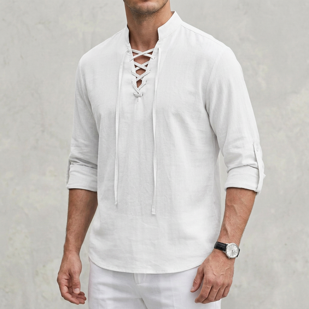Arthur Relaxed Fit Shirt | Band Collar Lace-Up Neckline Shirt