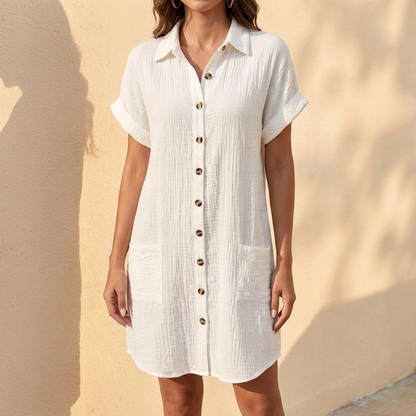 Isla Linen Relaxed Fit Shirt Dress | Collared Button Front Dress
