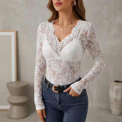 Isla Fitted Lace Top | Scalloped Trim Sheer Lace Top