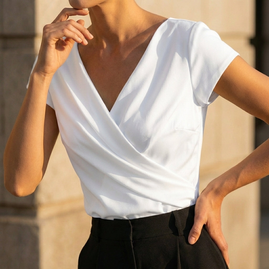 Isabella Draped Wrap Top | Wrap V-Neck Short Sleeve Top