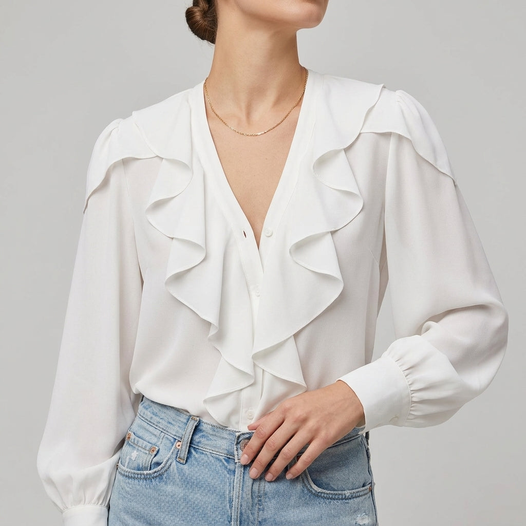 Beatrice Ruffled V-Neck Blouse | Relaxed Fit Long Sleeve Blouse