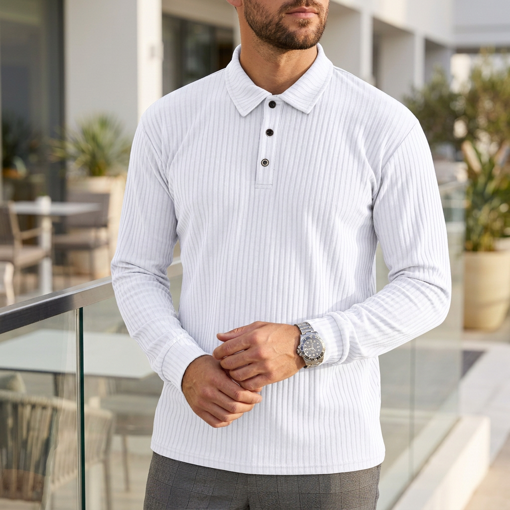 Joshua Ribbed Collared Long Sleeve Polo Shirt | Solid Regular Fit Polo Shirt