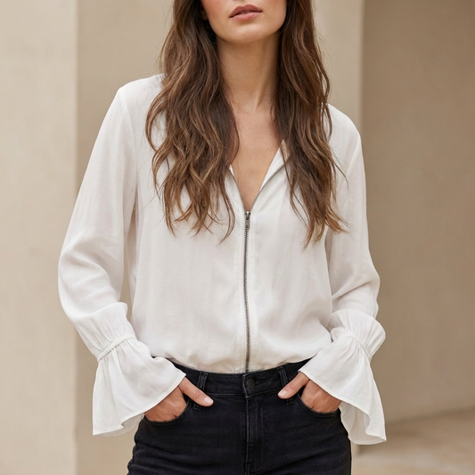 Isla Relaxed Fit Shirt | Bell Sleeve Ruffled Collar Shirt