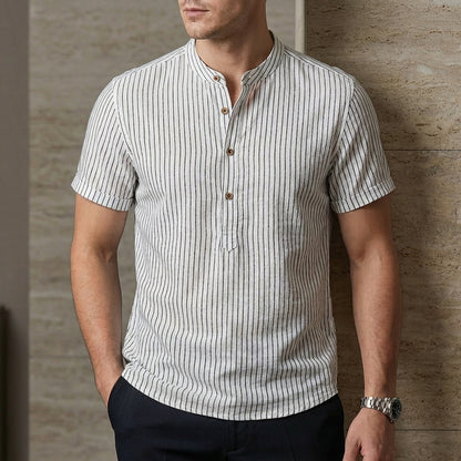 Oscar Relaxed Fit Band Collar Shirt | Striped Short Sleeve Shirt