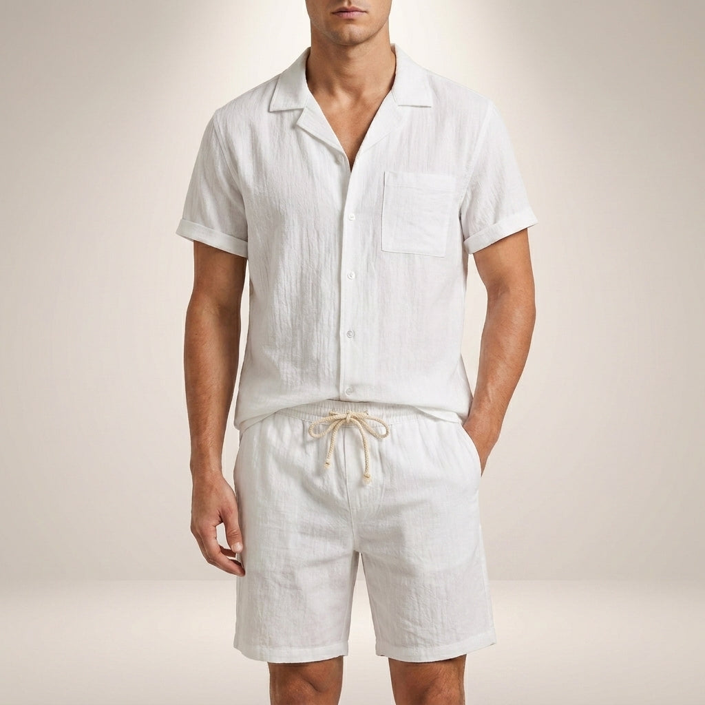 Theo Relaxed Fit Short Sleeve Shirt and Drawstring Shorts Two-Piece Set | Solid Casual Menswear
