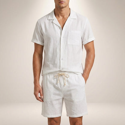 Theo Relaxed Fit Short Sleeve Shirt and Drawstring Shorts Two-Piece Set | Solid Casual Menswear