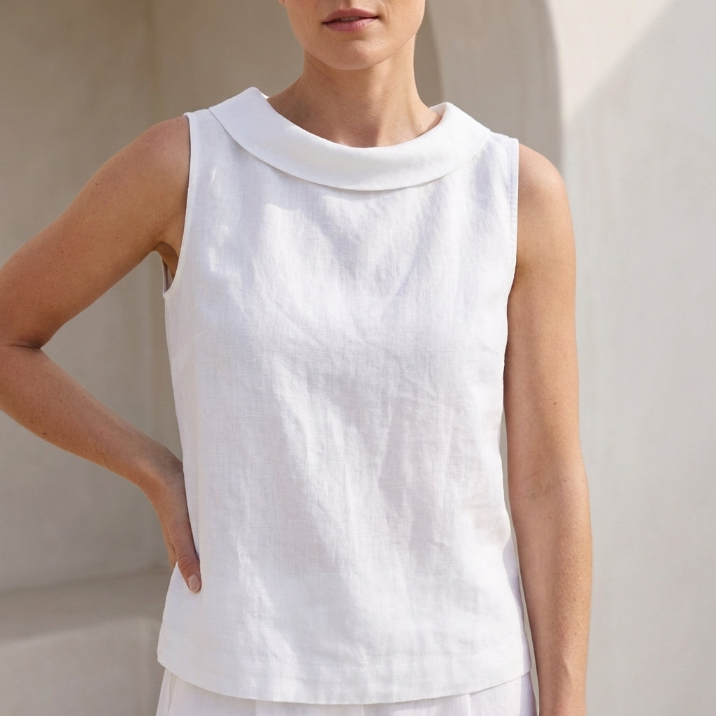 Maria Relaxed Fit Sleeveless Top | Roll Collar Curved Hem Top
