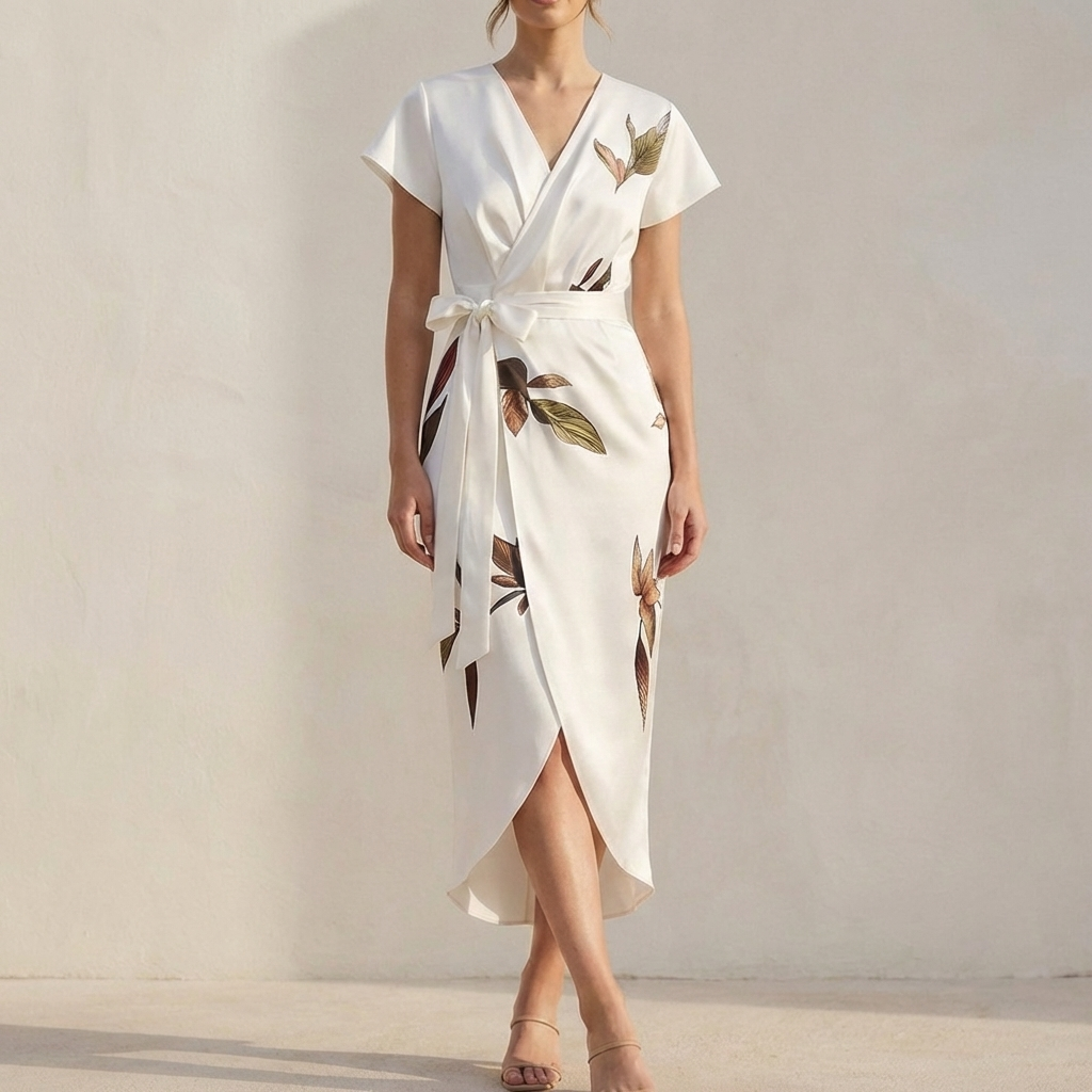 Isabella Wrap Dress | Leaf Print V-Neck Midi Dress