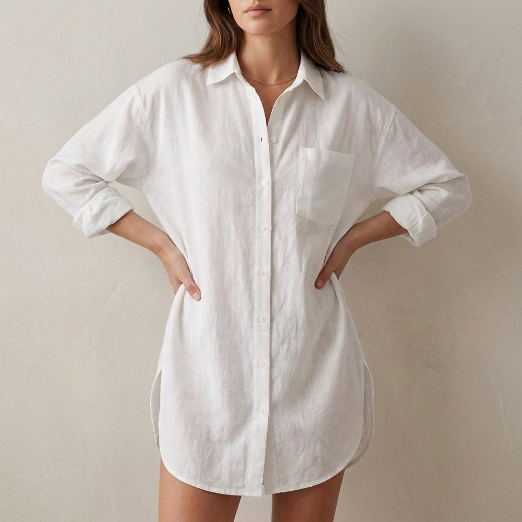 Isla Oversized Tunic Shirt | Collared V-Neck Button Front Shirt