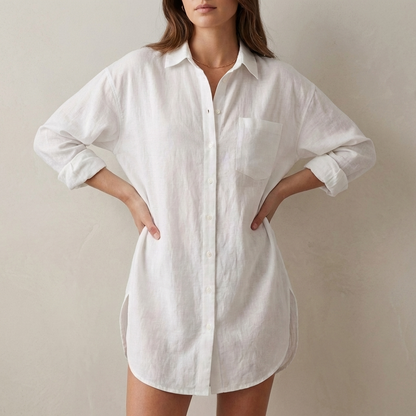 Isla Oversized Tunic Shirt | Collared V-Neck Button Front Shirt