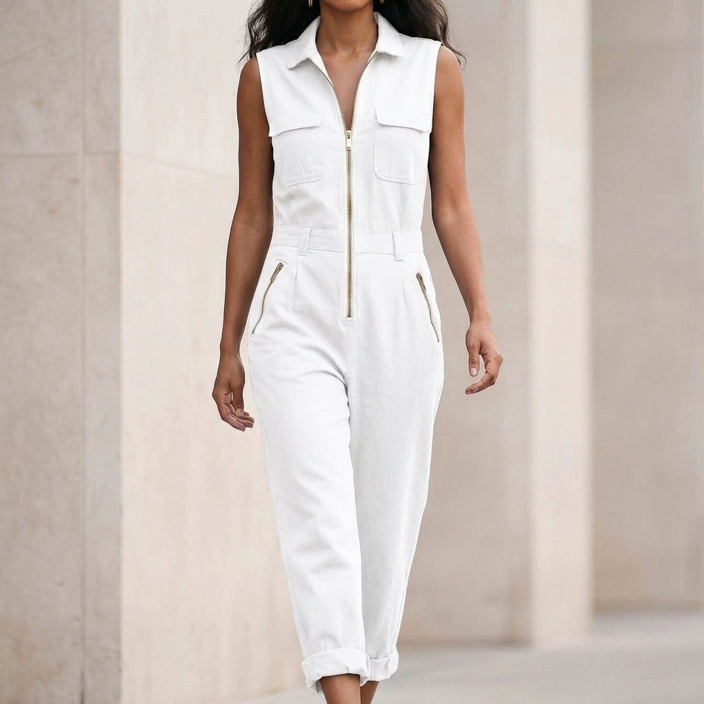 Isla Collared Sleeveless Jumpsuit | Solid Relaxed Fit Jumpsuit