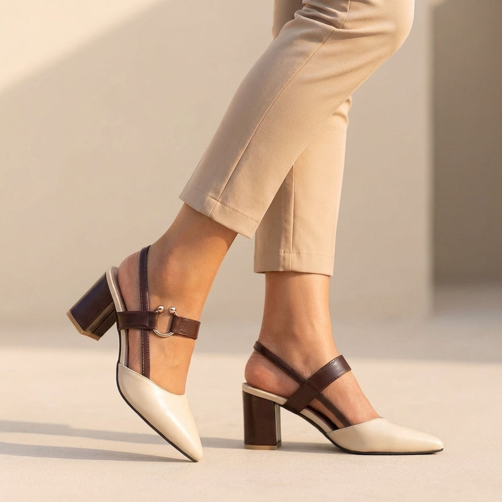 Isla Pointed Toe Slingback Block Heel Pumps | Colourblock Ring Buckle Pumps