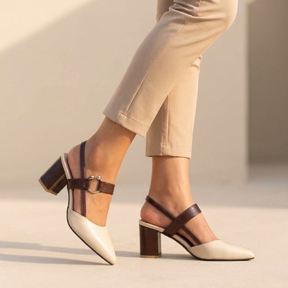 Isla Pointed Toe Slingback Block Heel Pumps | Colourblock Ring Buckle Pumps