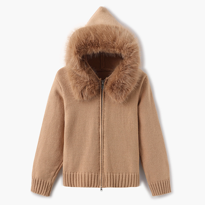 Isla Hooded Cardigan | Fur Trim Ribbed Zip Front Cardigan