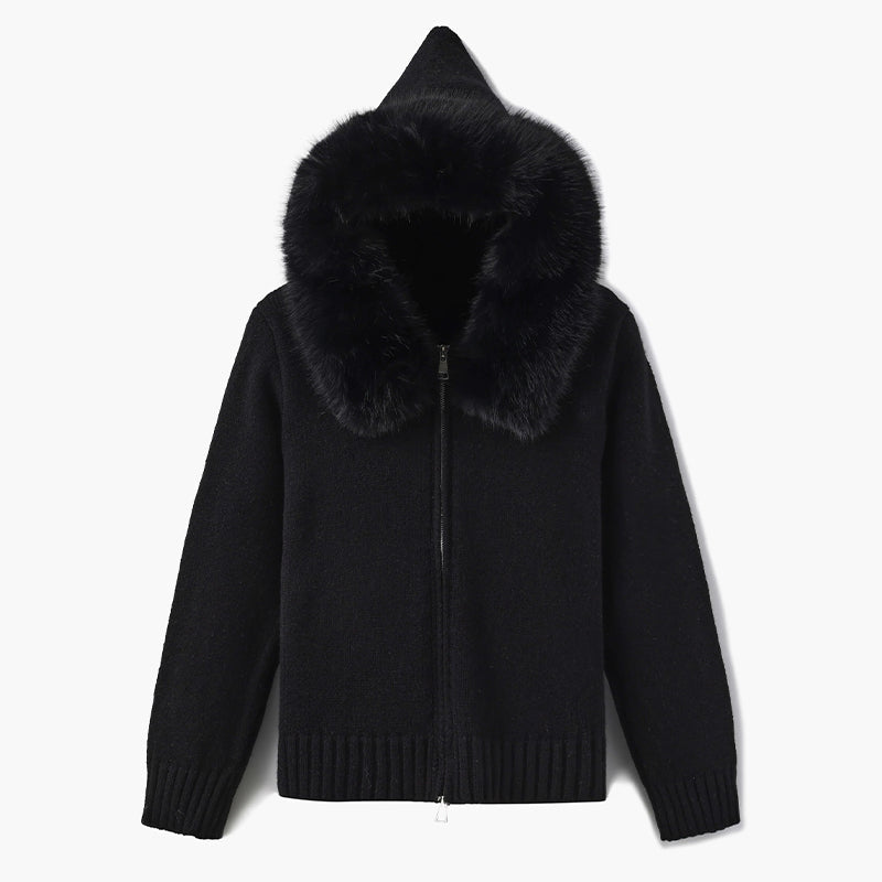 Isla Hooded Cardigan | Fur Trim Ribbed Zip Front Cardigan
