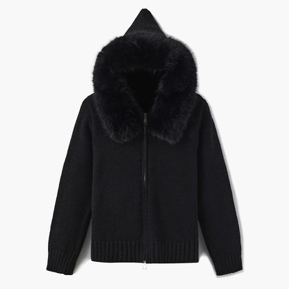 Isla Hooded Cardigan | Fur Trim Ribbed Zip Front Cardigan