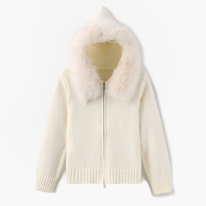 Isla Hooded Cardigan | Fur Trim Ribbed Zip Front Cardigan