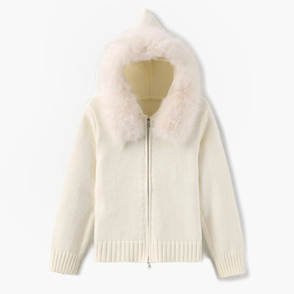 Isla Hooded Cardigan | Fur Trim Ribbed Zip Front Cardigan