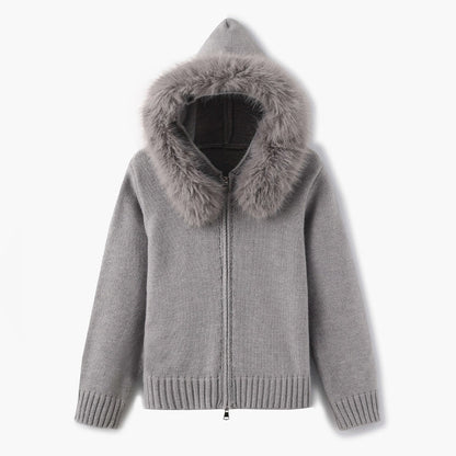 Isla Hooded Cardigan | Fur Trim Ribbed Zip Front Cardigan