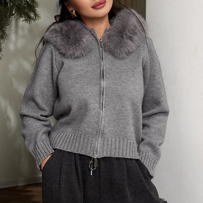 Isla Hooded Cardigan | Fur Trim Ribbed Zip Front Cardigan