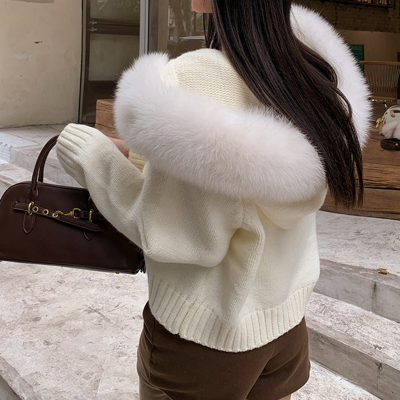 Isla Hooded Cardigan | Fur Trim Ribbed Zip Front Cardigan