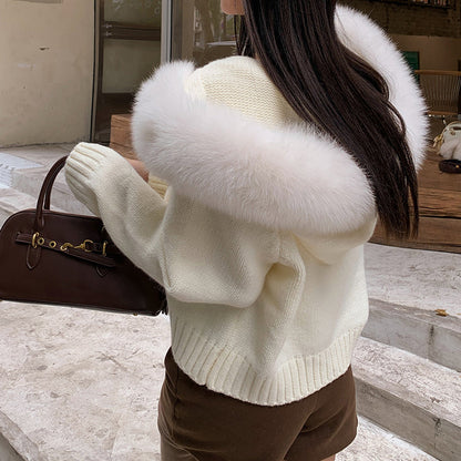 Isla Hooded Cardigan | Fur Trim Ribbed Zip Front Cardigan