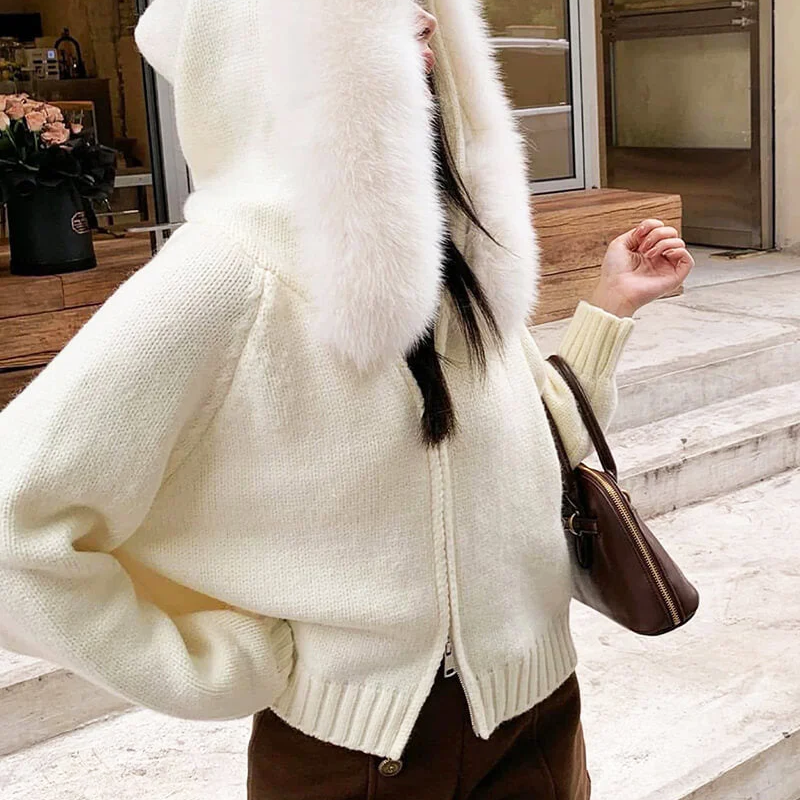 Isla Hooded Cardigan | Fur Trim Ribbed Zip Front Cardigan