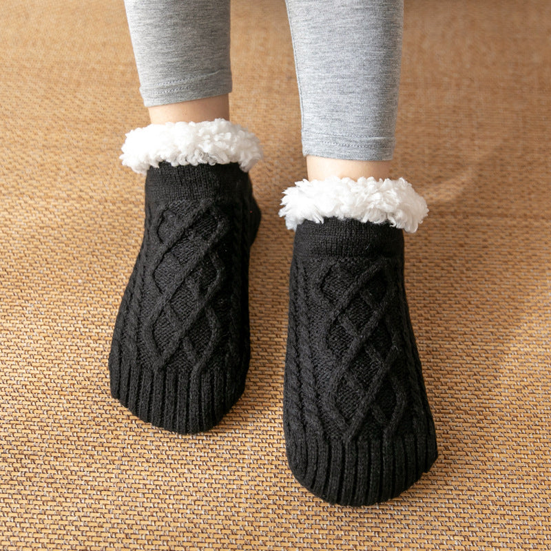 Isla Fitted Slipper Socks | Cable Knit Fur Trim Ankle-Length Slipper Socks