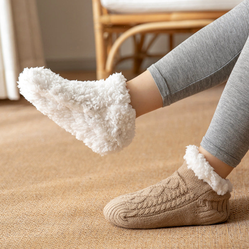 Isla Fitted Slipper Socks | Cable Knit Fur Trim Ankle-Length Slipper Socks